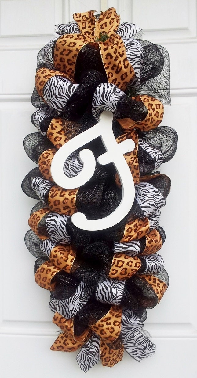 Zebra & Leopard Safari Jungle Theme Initial Door/Wall Mesh Swag Wreath