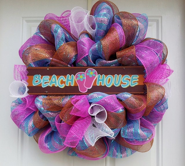 Turquoise Striped Beach House Summer Mesh Wreath