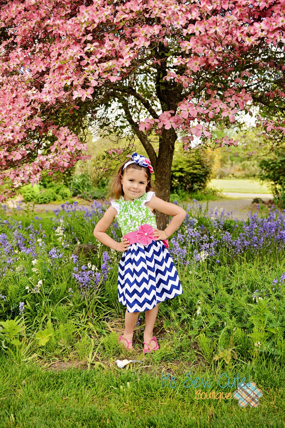 The Ellie - Green Pink Navy Chevron Girls Dress 6-12mo - 12 yrs