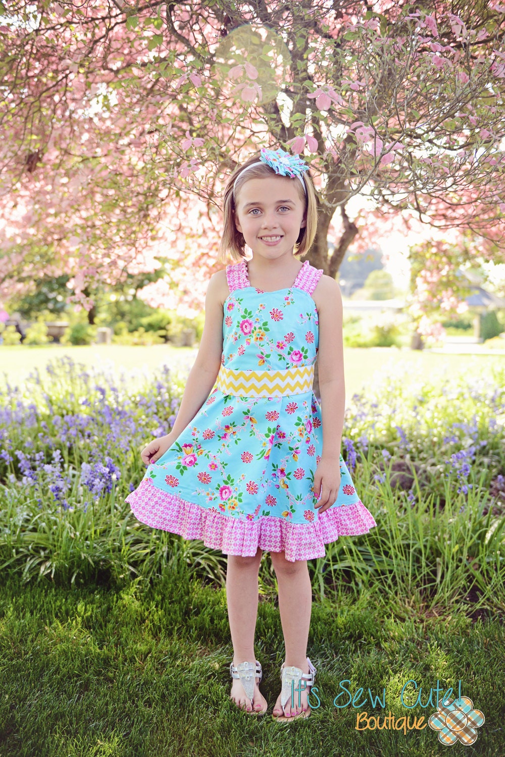 Carlea Dress - Summer Turquoise Floral Yellow Chevron Twirl Dress