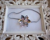 Grey Pink Yellow Floral Print Fabric Flower on a Grey Skinny Elastic Newborn Headband Photo Prop Toddler Hair Clip
