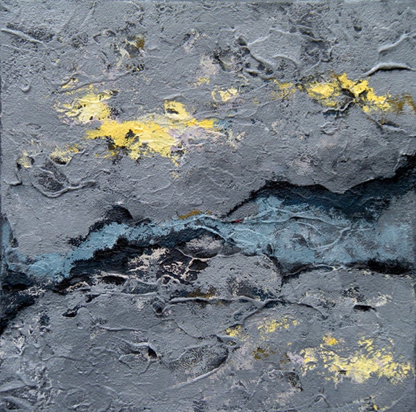 Abstract painting textured canvas 3D artwork stone stucco river flowing yellow and gray blue abstract art