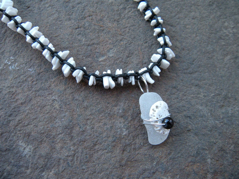 Puka shell & sea glass necklace surfer girl style black and white necklace shell beads beach treasures surf style