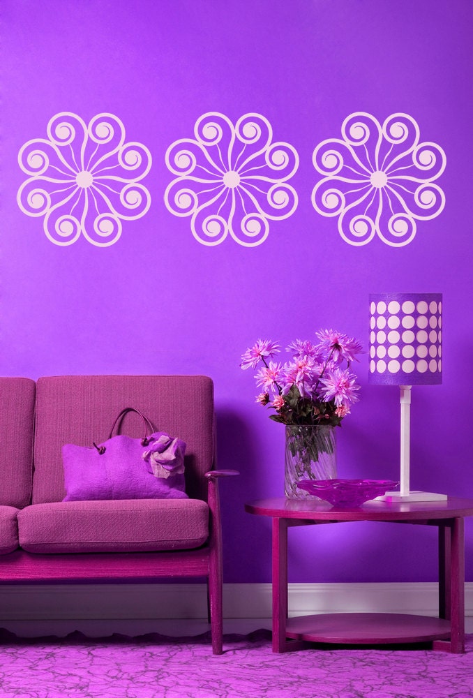 Retro Vintage 1960s or 1970s Floral Flower Medallions (set of 3) - Vinyl Decal, Wall Art, Sticker - Mod, Old Fashioned, Home Decor