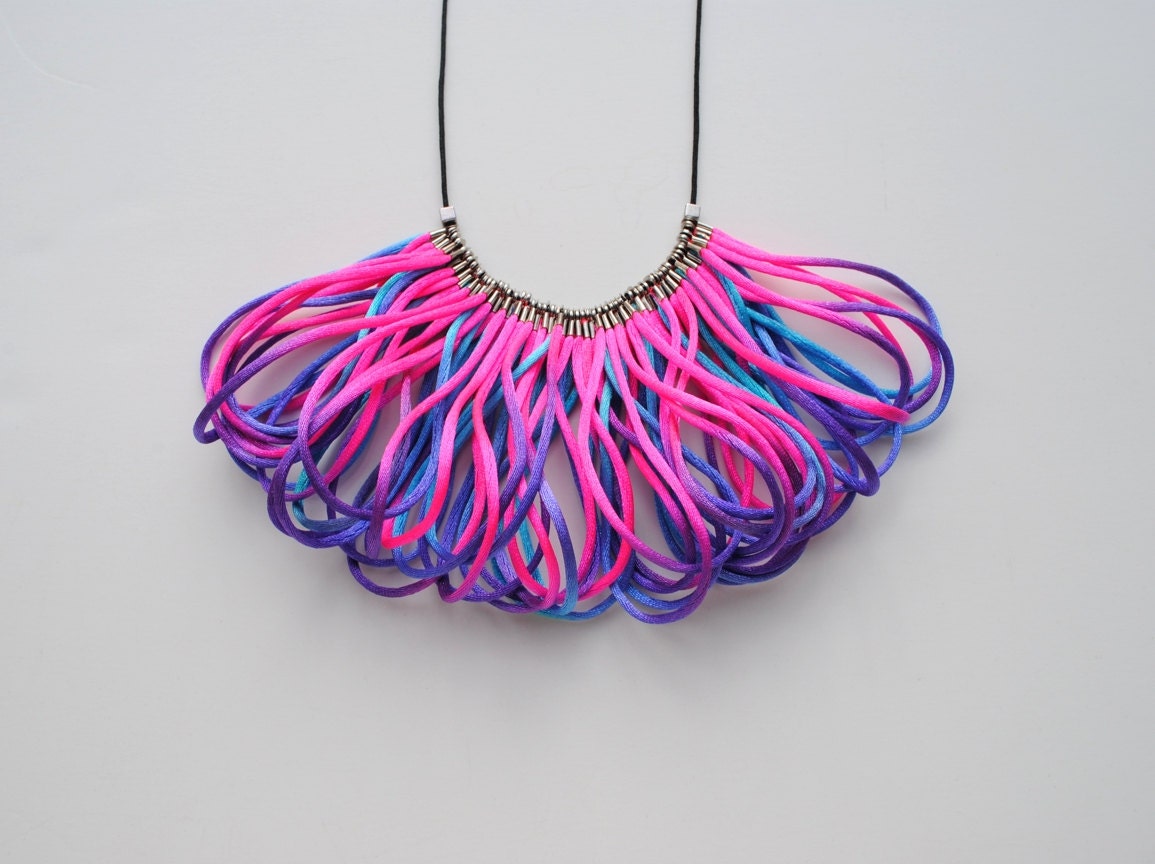 OOAK Ombre Neon Pink Purple and Turquoise Statement Bib Necklace, Gift for Her, Rope Jewelry, Spring Summer 2013, Valentine's Day