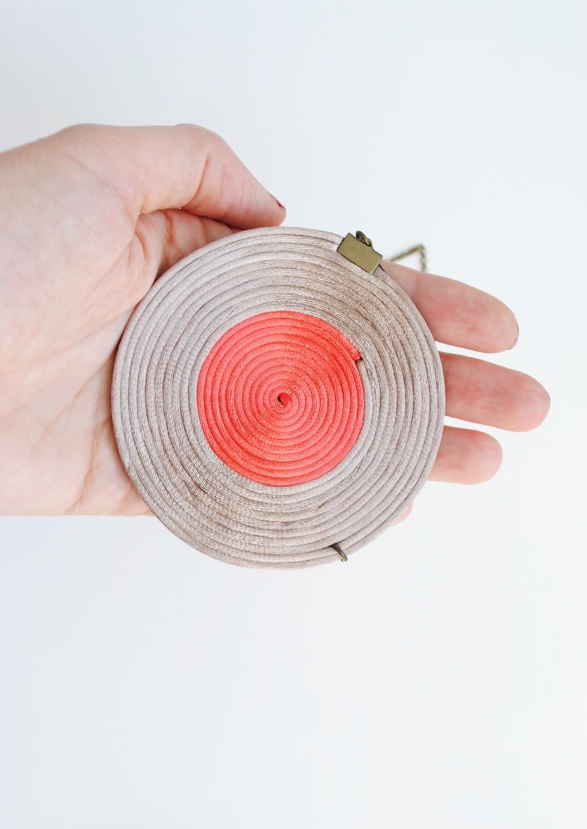Coral and nude spiral necklace, geometric, minimalist, tangerine, beige, satin cords, summer, trends, circle, gift for her