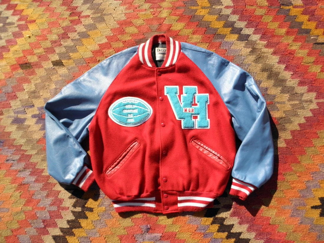 Vintage Red Blue Wool Leather Letterman Sports Retro Athletic Football Jacket Mens Delong Sports Sz Medium Man/Small Woman