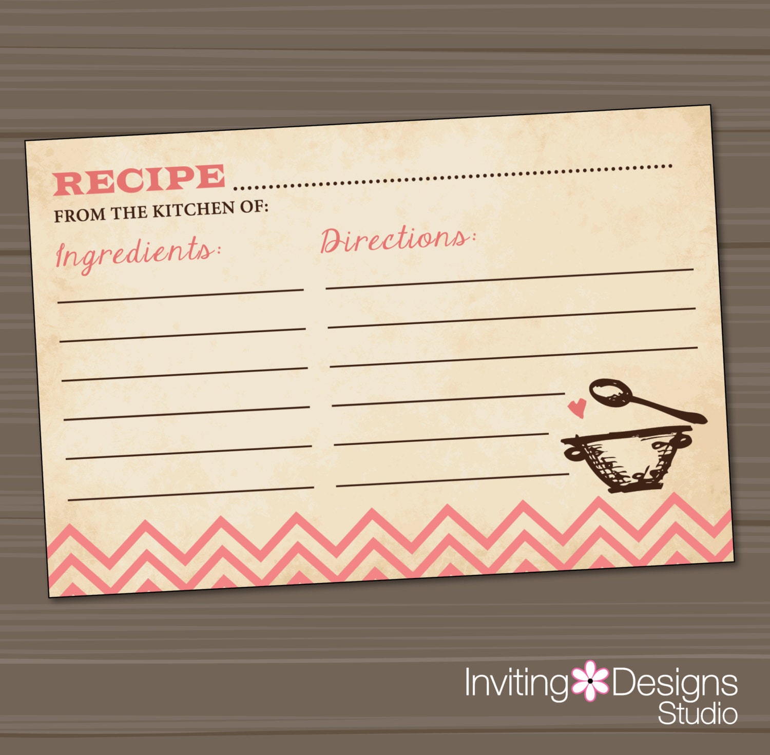 Recipe Card, Kitchen Bridal Shower, Wedding Shower, Coral, Brown, Pink, Vintage, Customize Your Colors (PRINTABLE FILE)