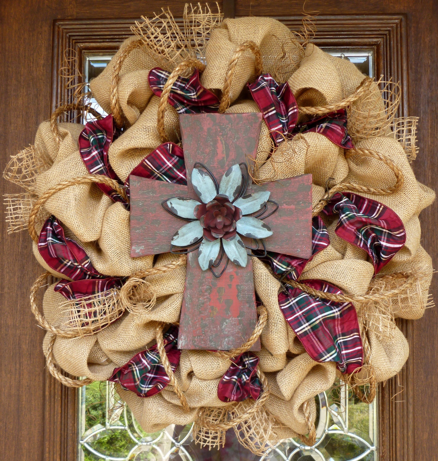 BURLAP WREATH with RUSTIC Cross