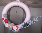 Pussy Willow Wreath - Yarn Wrapped with Crochet Accents - Crochet Floral Wreath in Light Pink - Nursey Decor - Ready to Ship - OOAK