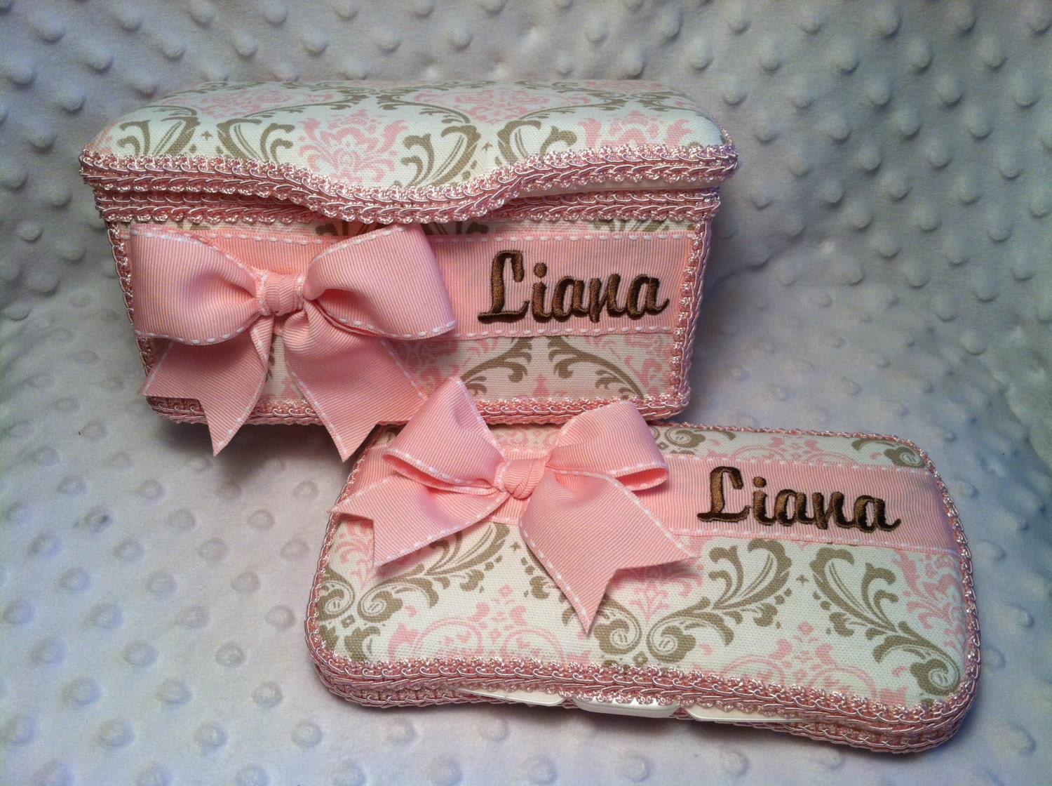 Custom Personalized Boutique Diaper Baby Wipes Tub with Bows in Cozy Bella Damask - Light Pink and Taupe on a Cream Background
