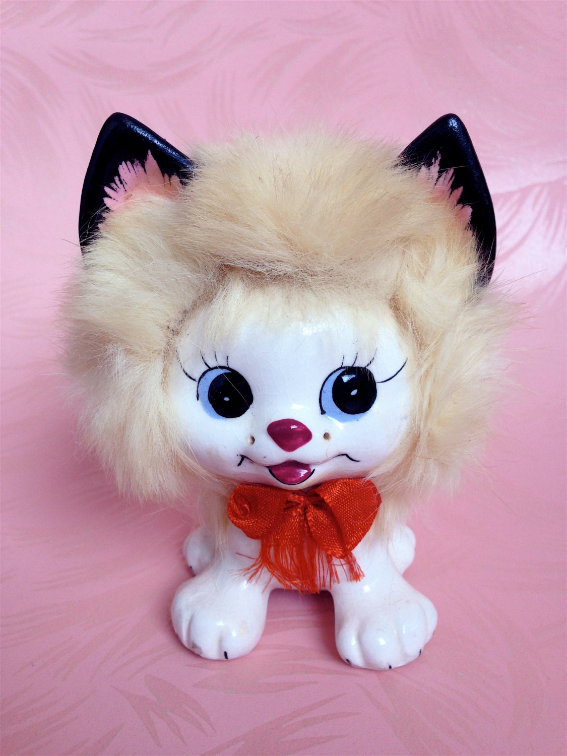 Vintage Kitschy Cute Kitty Cat with Fur and a Little Red Bow Ucagco Japan