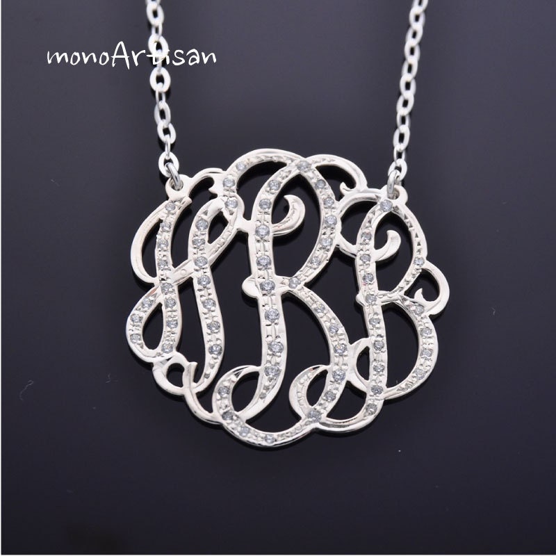 Monogram necklace - 1 1/4 Diamond CZ monogram necklace- initial necklace-silver monogram necklace