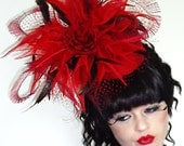 Pill Box Fascinator Hat, Poppy Red Silk Dupion with Silk Organza Lily's