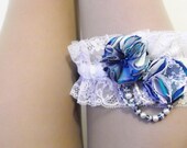 Turquoise & Ivory Wedding Garter- Silk and Lace with Roses Diamante and Pearls