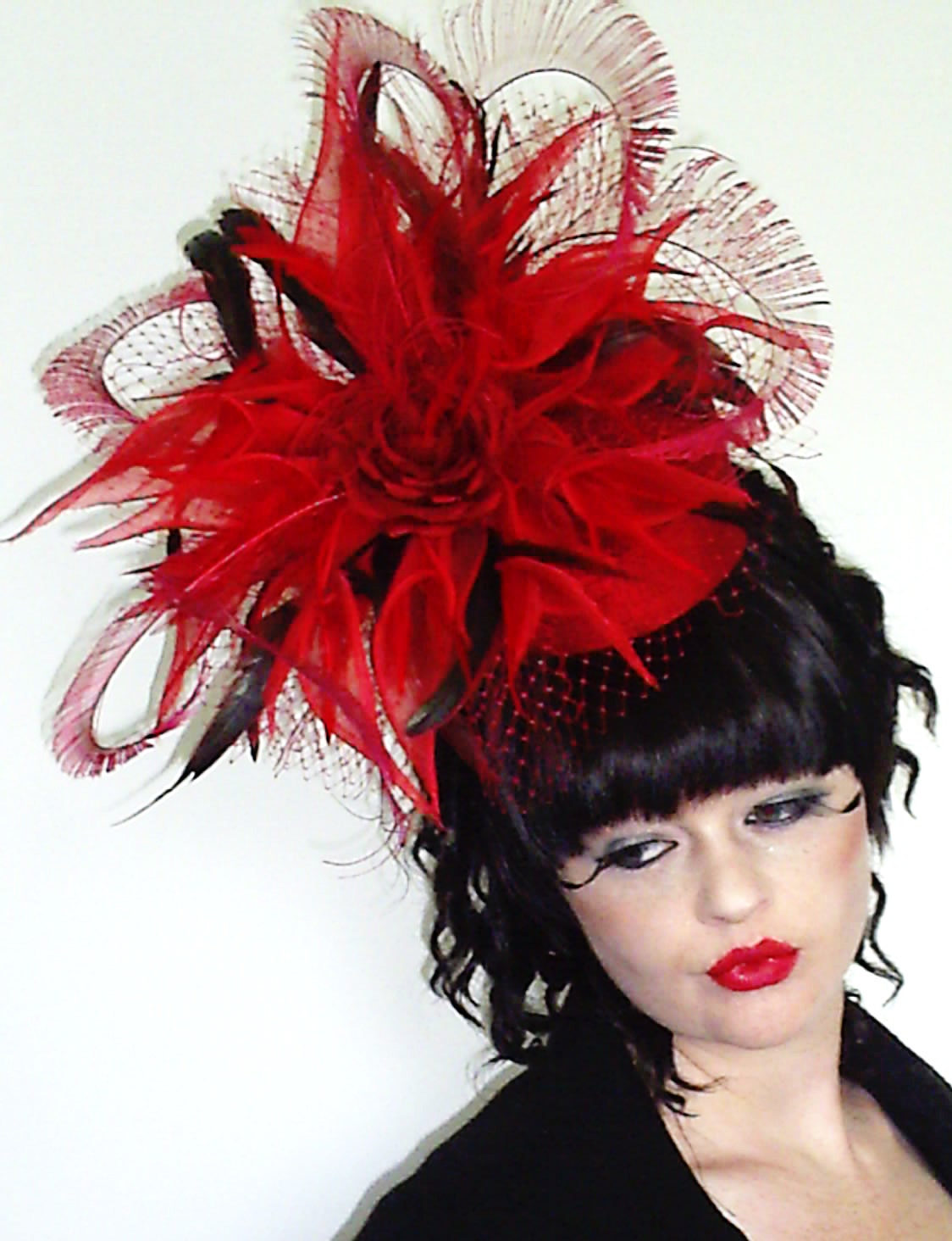 Pill Box Fascinator Hat, Poppy Red Silk Dupion with Silk Organza Lily's
