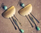 joleen.  a pair of teal and brass tribal feather earrings.