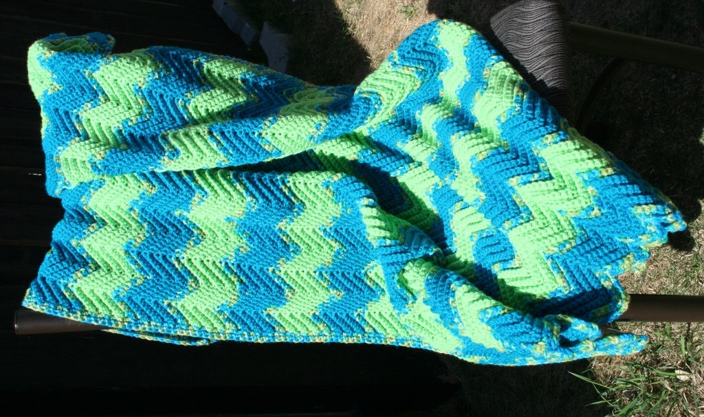 Crochet Blue and Green Ripple Zig Zag Chevron Baby Toddler Crib Size Afghan Blanket by JennisCrochet