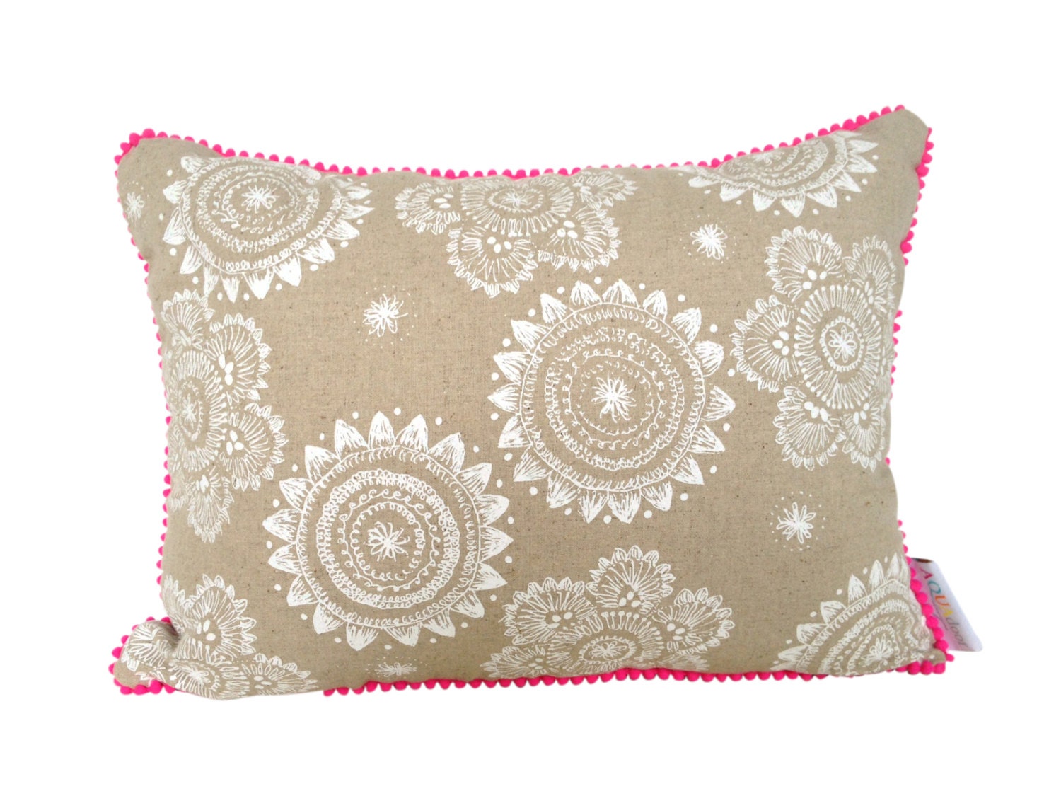 Cushion cover Messy Posey design. White design on natural Linen/Cotton with bright pink mini pompom trim 40cmx30cm