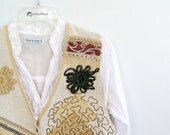 Retro Unisex Linen Ornate Vest,  Jute application, India, Vintage embroidered man vest, Country, Rustic, Costume wear, Beige, Spring