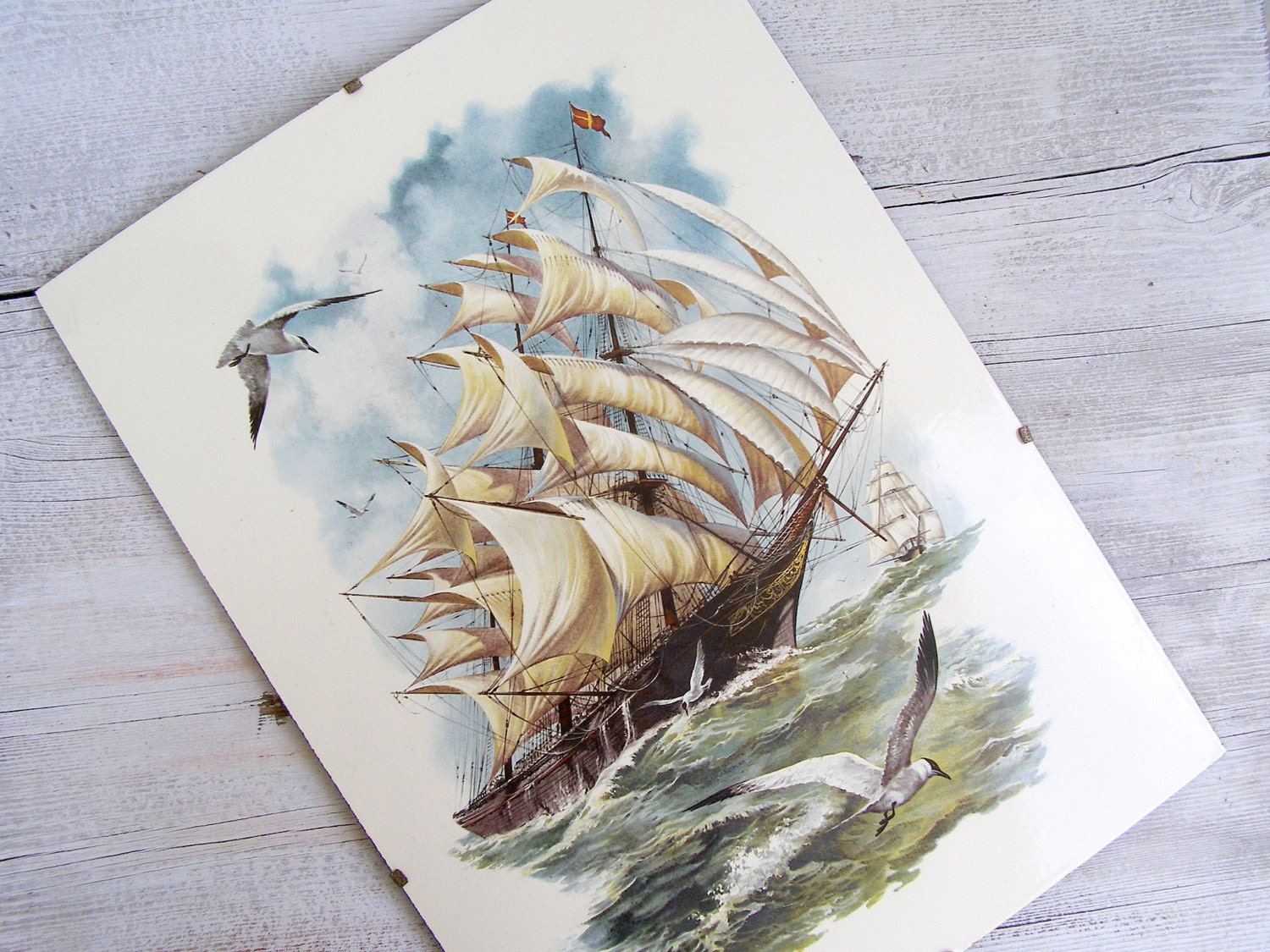 Antique Sailboat metal Picture, Nautical, Cottage chic, Sea lover, Ocean, Gift for man, Loft decor, Metal Art, seagull, Waves, Man Office