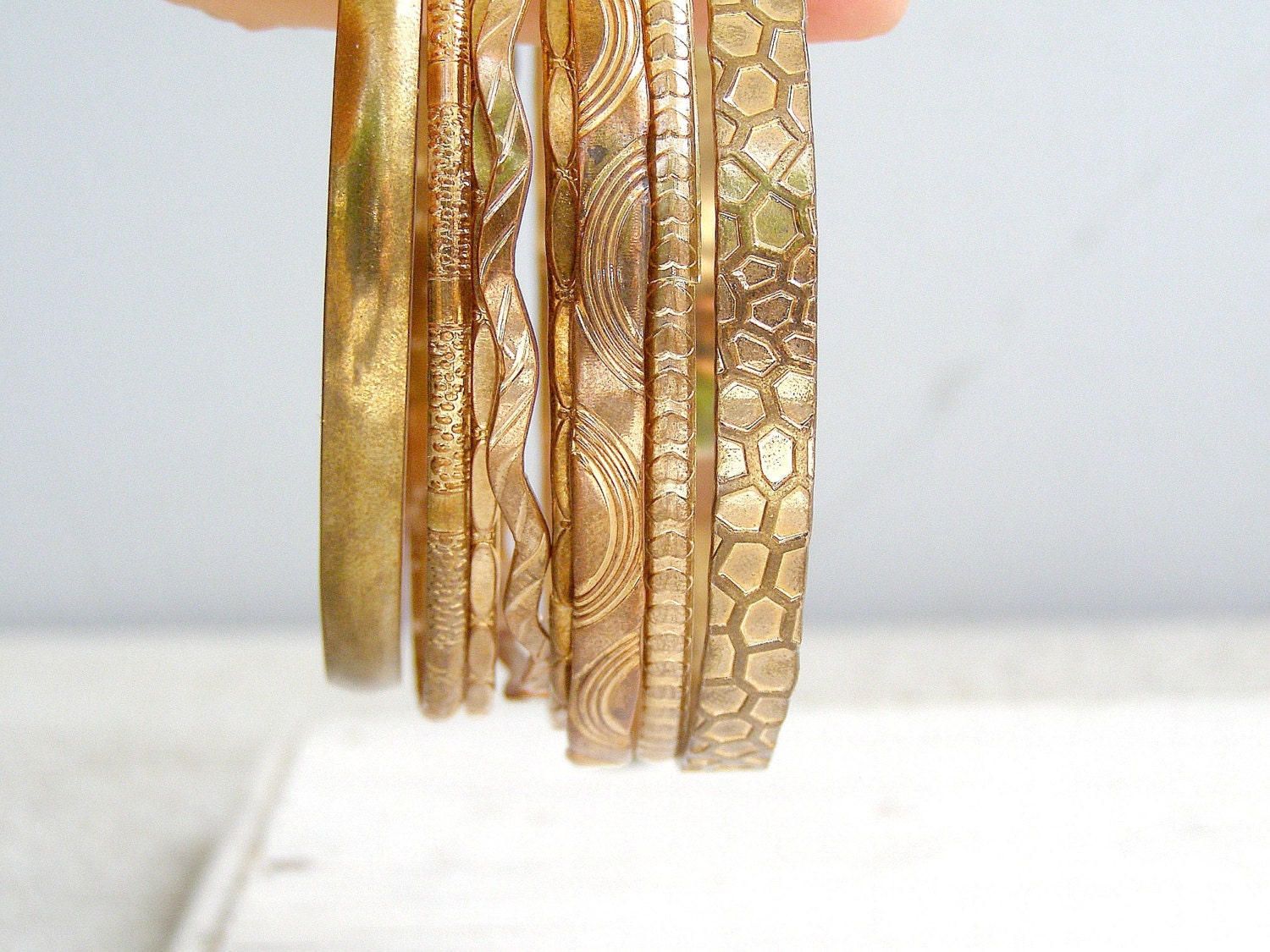 Boho Metal bangles Set, Retro oriental bracelets, brass and copper casual jewelry, Gypsy, Hippie retro jewelry, Set of 8