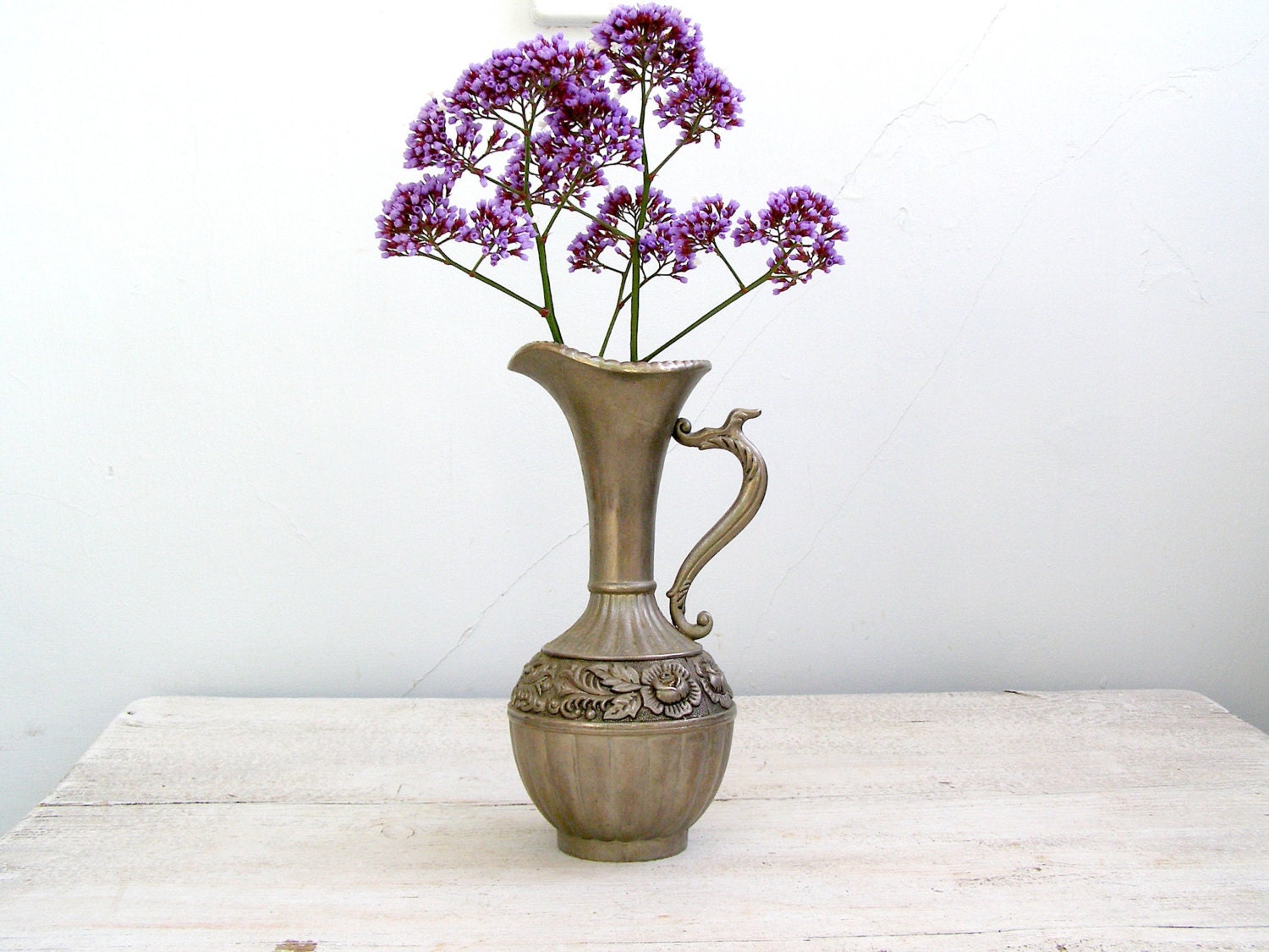 Ornate Pewter Pitcher Vase, Retro Rose Silver Pitcher, Art Nouveau Gray Metal vase, Gift for Hostess, Vintage Tabletop, Cottage chic