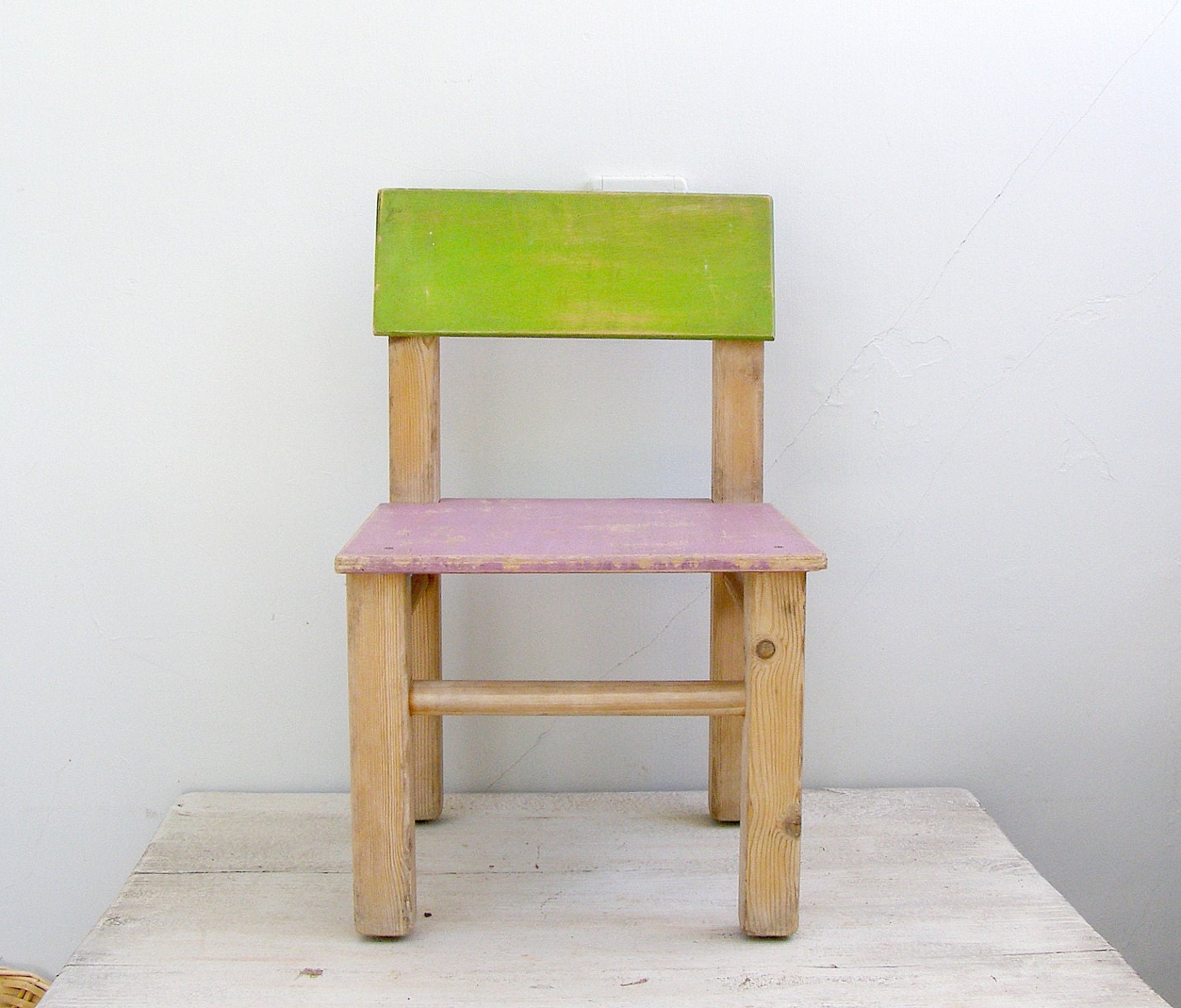 Rustic Kids Chair, Toddler green Purple Chair, Vintage Preschool wood Chair, Nursery room furniture, Mid century Shabby chic, Cottage chic