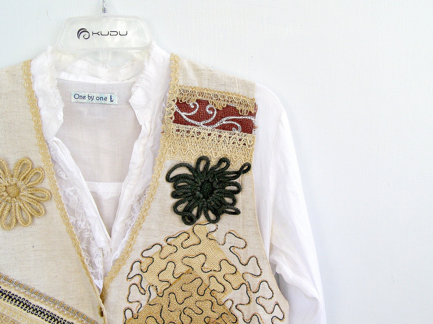Retro Unisex Linen Ornate Vest, Jute application, India, Vintage embroidered man vest, Country, Rustic, Costume wear, Beige, Spring
