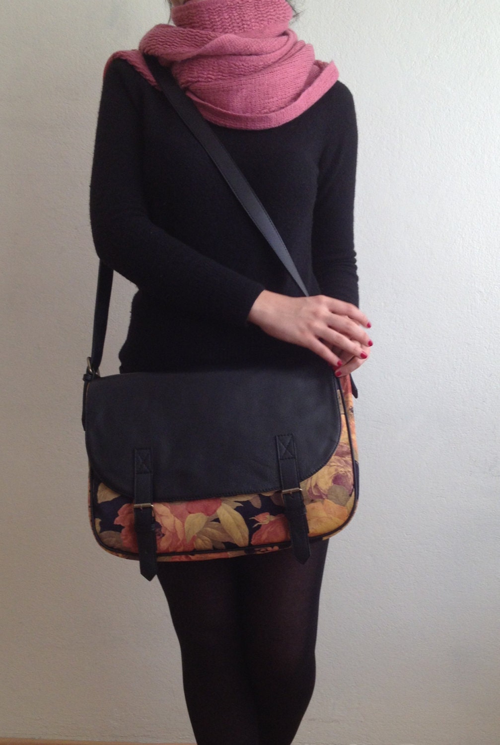 Leather & Canvas Messenger Bag  black pink yellow floral shoulder bag  handbag large