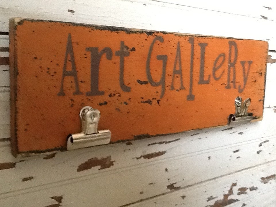 Art Gallery,  Handpainted Distressed Wooden Sign, with 2 Clips,  Great Photo Collage Centerpiece Wall Art.