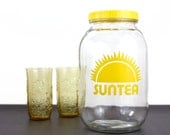 Sun Tea Jar Anchor Hocking Glass Bright Yellow Graphics Lid - OldVintageGoodies