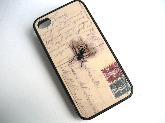 iPhone Case - Vintage Postcard iPhone 4 - iPhone 5 Case - BLACK RUBBER iPhone Cover - Victorian Bee - French Postcard iPhone Case