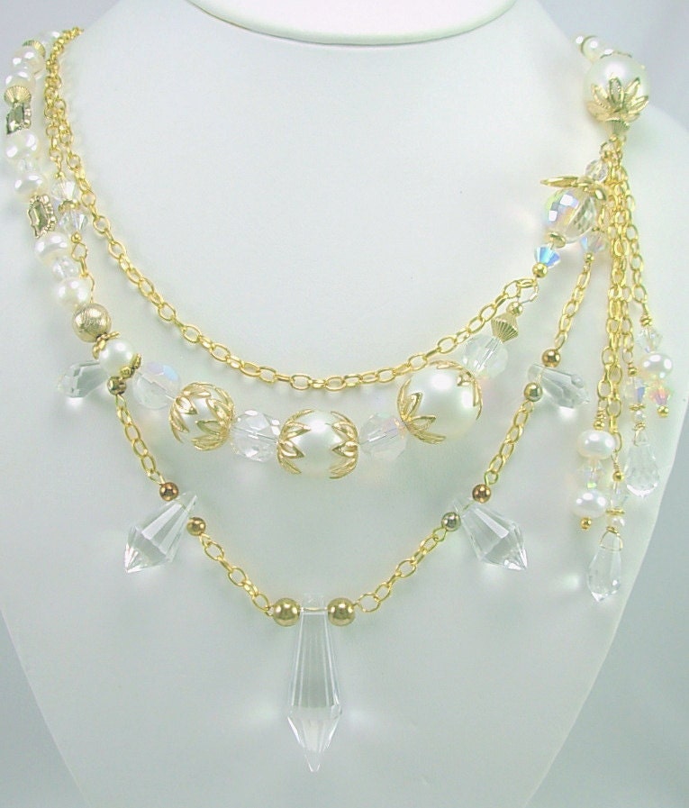 Bridal Statement Necklace, Multi Strand Crystal &  Freshwater Pearl Necklace, Unique, OOAK, Artisan Design