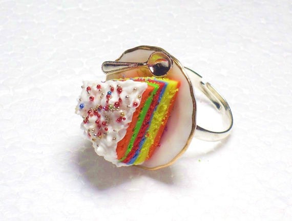 Slice Of Rainbow Cake Ring. Polymer clay.