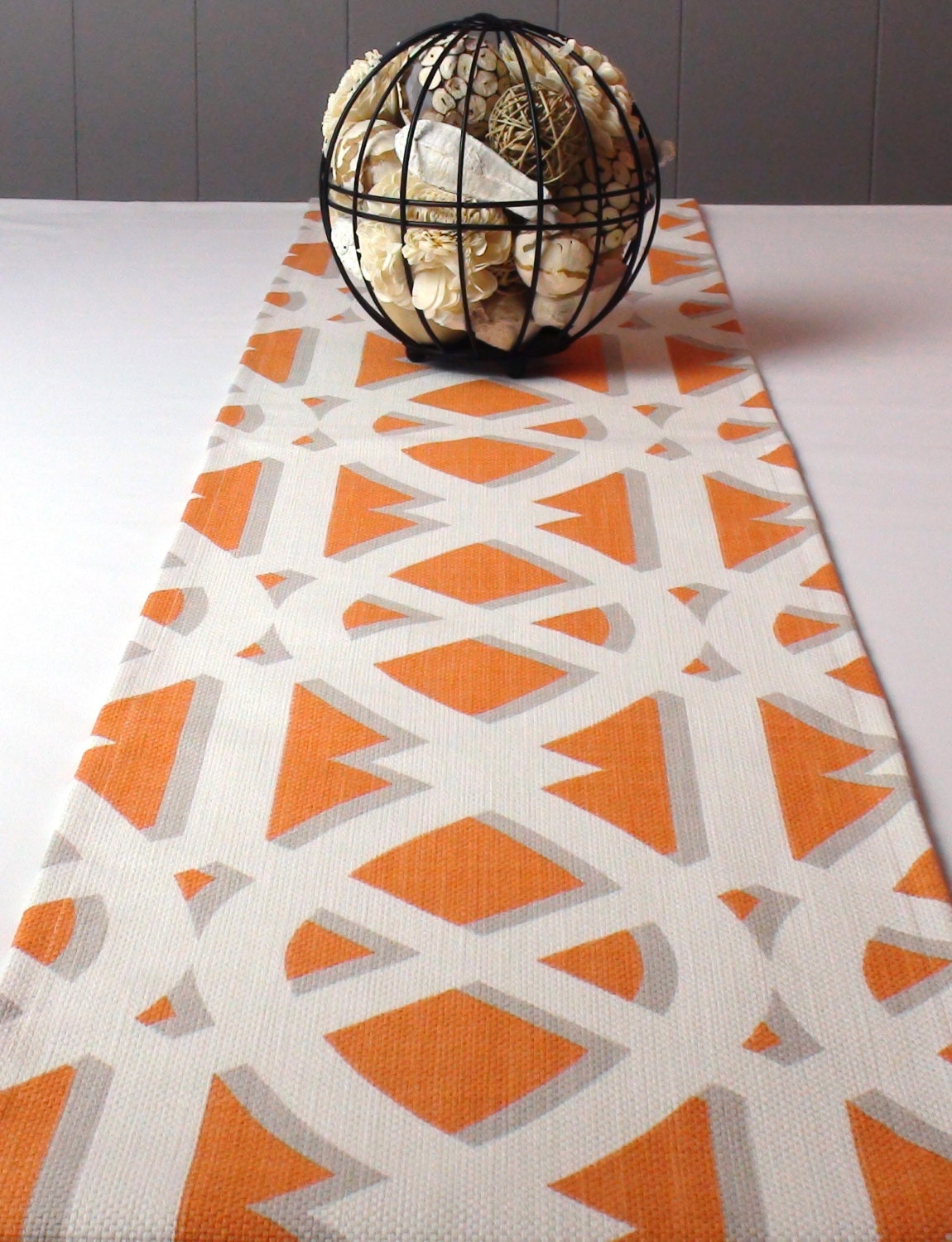 Modern Orange Geometric Table Runner, Orange Tablecloth - Orange Color, White Color 60 inch long 60" long spring table runner