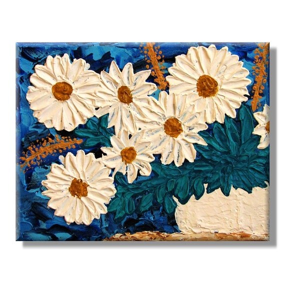 White Daisies in a Vase. Original Handpainted Acrylic Thick 3d Texture Impasto Palette Knife Painting. Size 8 x 10.