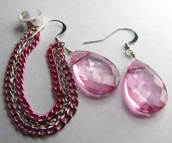 EarCuff with Pink Chain and Drop Earrings