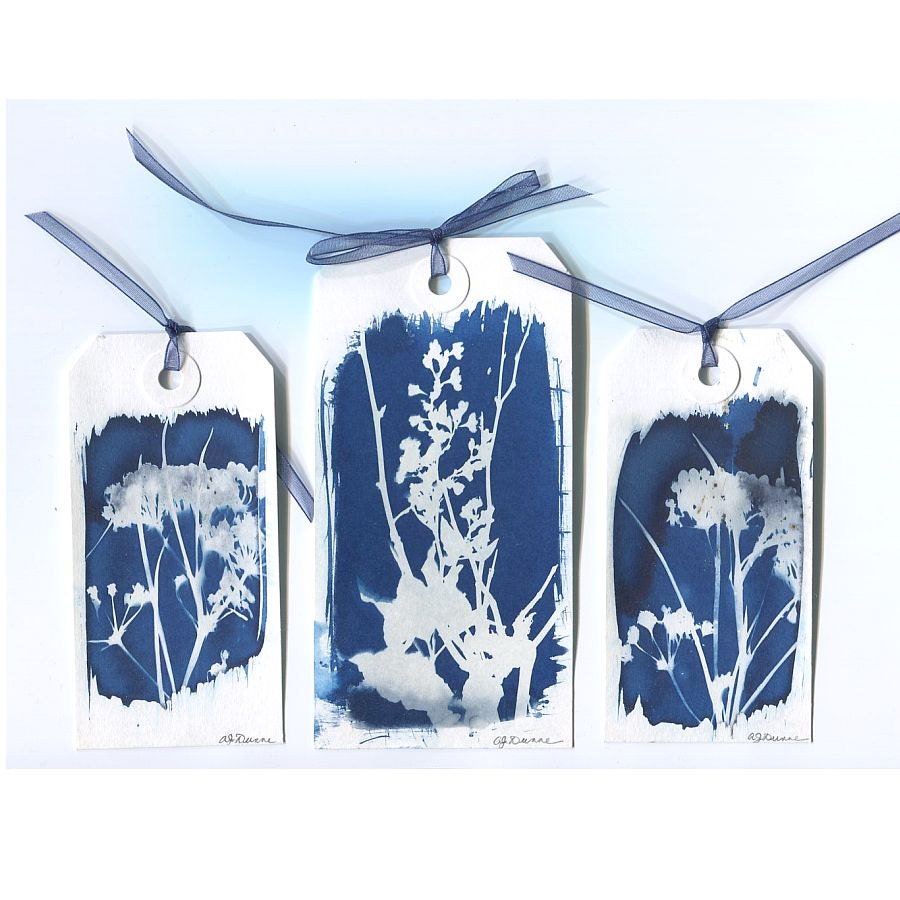 3 Wildflower Plant Sun Print Gift Tags or Bookmarks - Original Cyanotype Blue & White Alternative Process Photograms