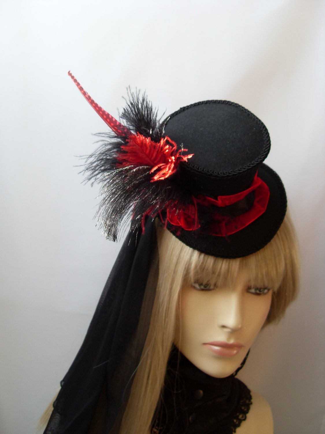 Victorian Lady's Hat Midi Mini top Hat with black and  red tulle model hat