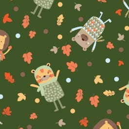 Fabric for quilt or craft Woodland Adventure Camelot Cotton Playing in Leaves in Green half yard - fivemonkeyfabrics