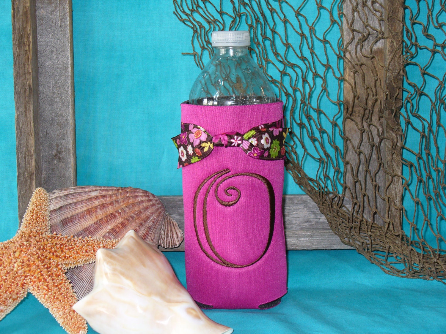 Bottle Koozie with Initial - "Magenta Koozie Brown Init"
