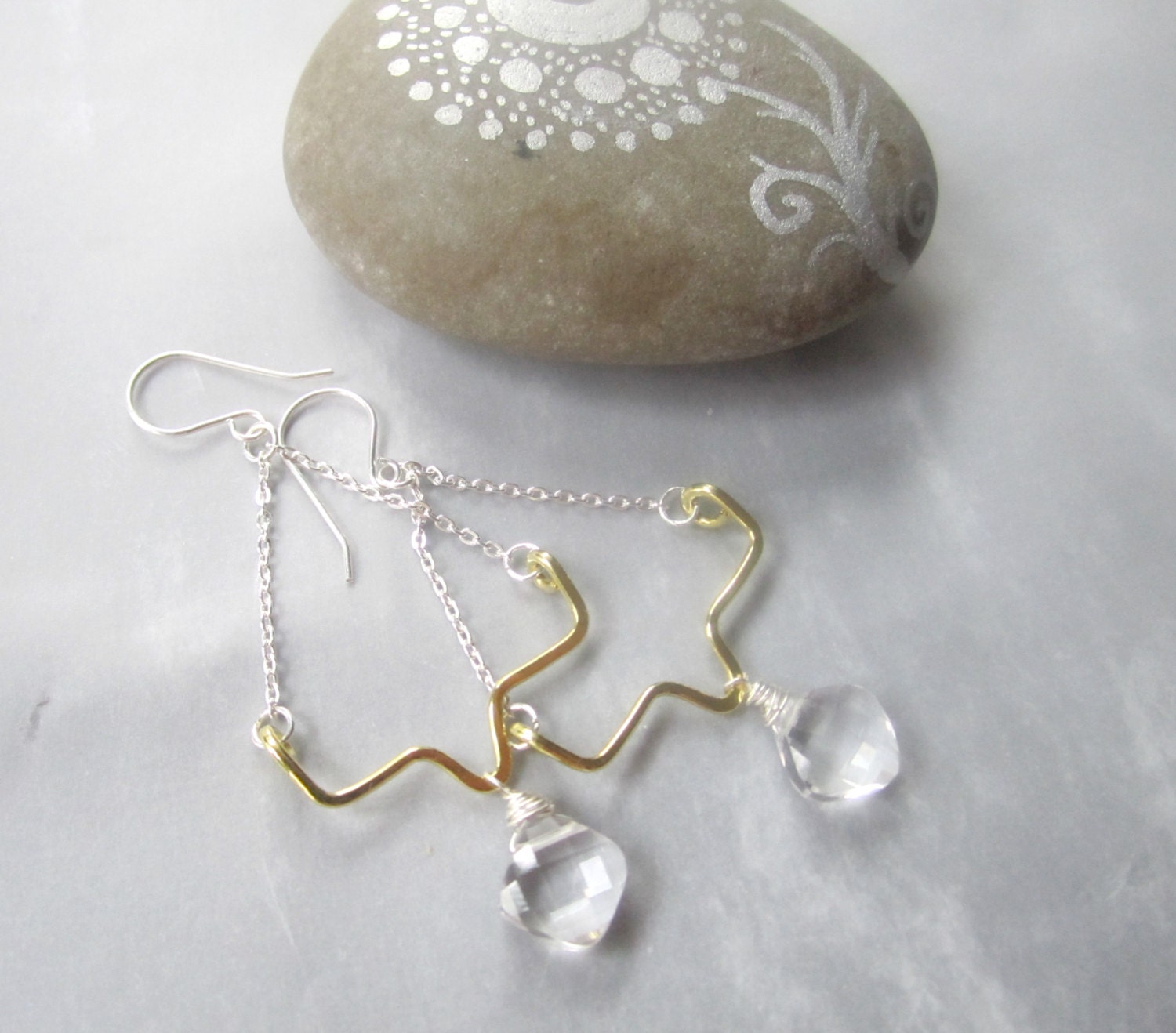 Hanging Crystal Quartz Silver and Brass Earrings Dangle Boho Gypsy Girl Mixed Metals