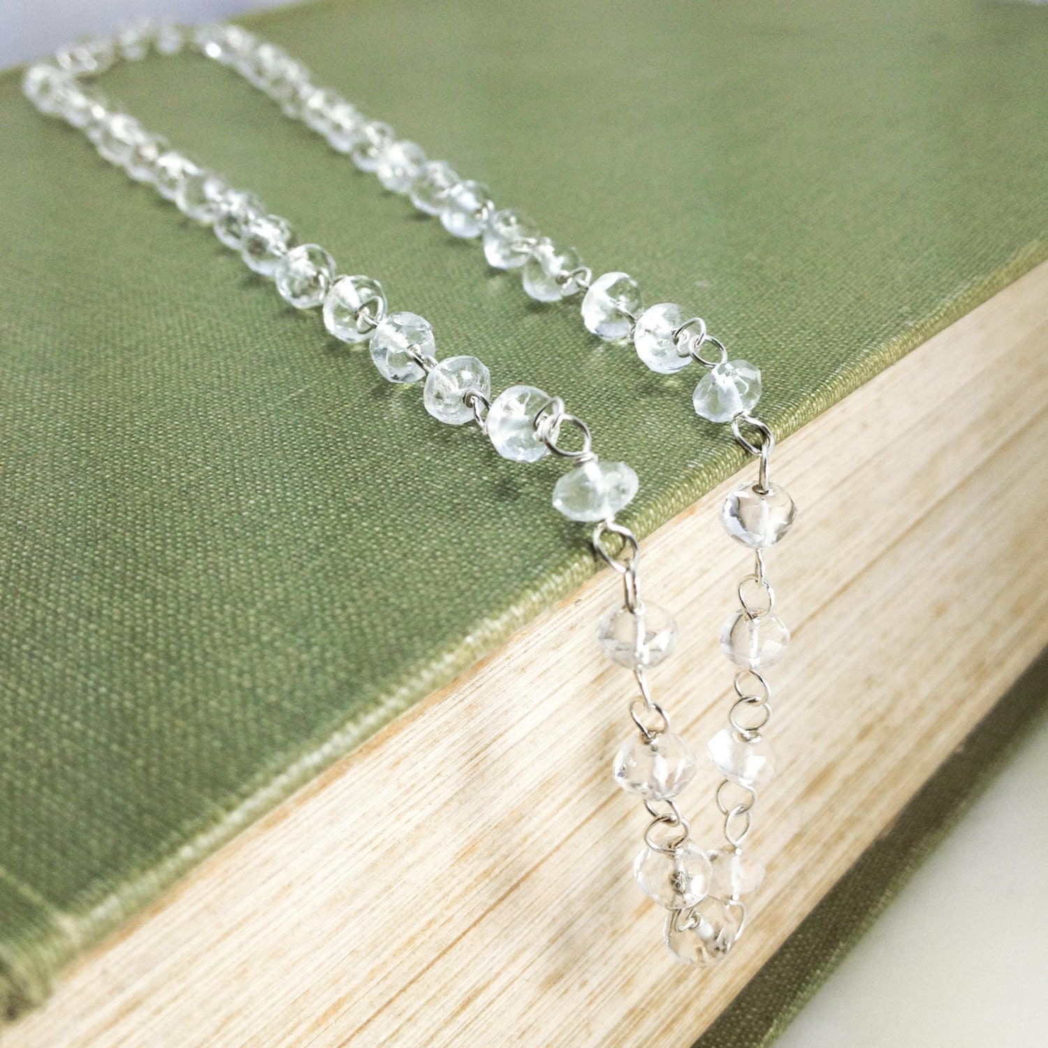 Crystal Clear Quartz Necklace - Sterling Silver 16 Inch Wire Wrapped Gemstone Beaded Chain Choker - Focus, Clarity, Healing