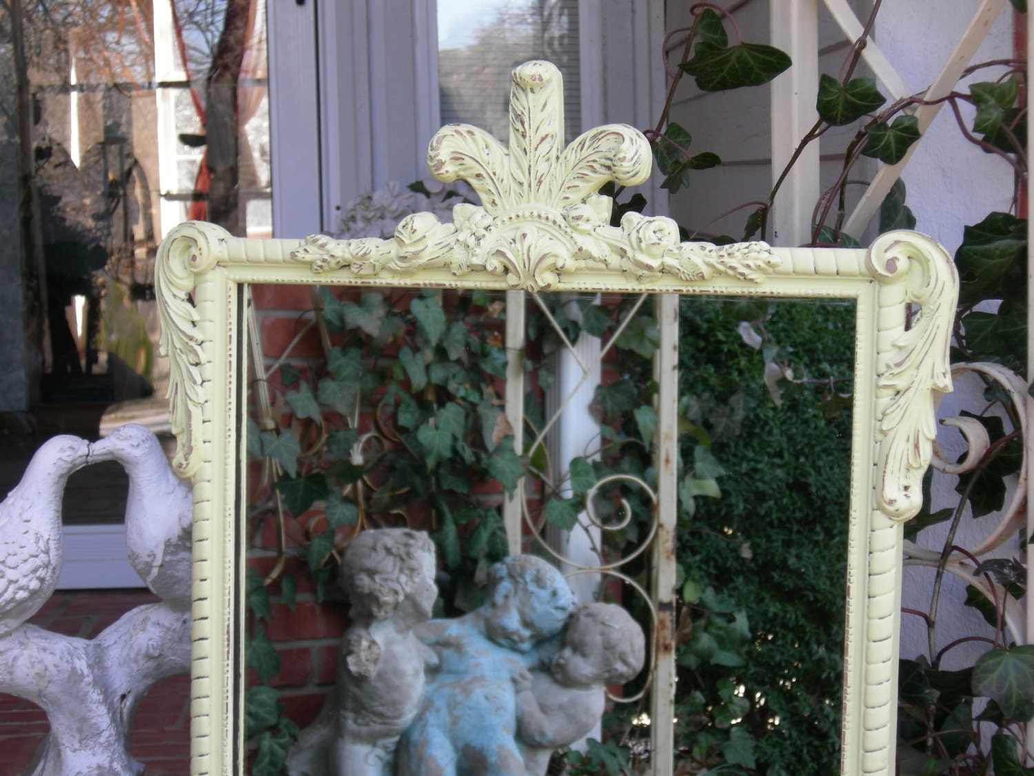 Canary Yellow Old WALL MIRROR Chic Plume Crown OMG Shabby Fabulous 32-1/2 X 22-1/2