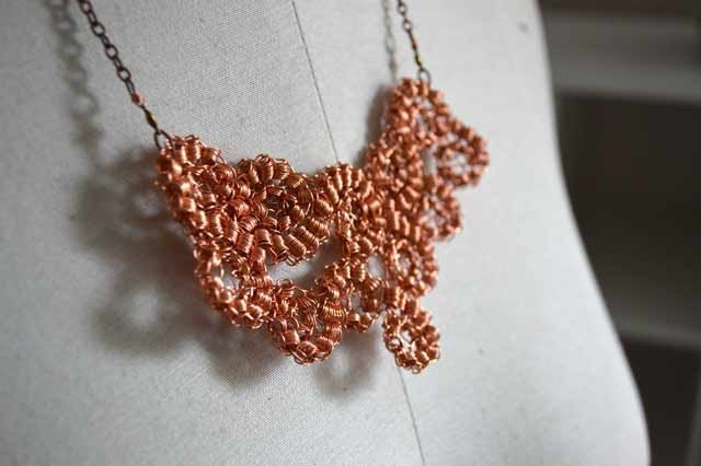 Copper Wire Crochet Necklace with Antiqued Copper Chain