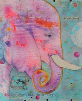 Original Mixed-Media Pink and Aqua Elephant 24" x 20 " True Love and Friendship