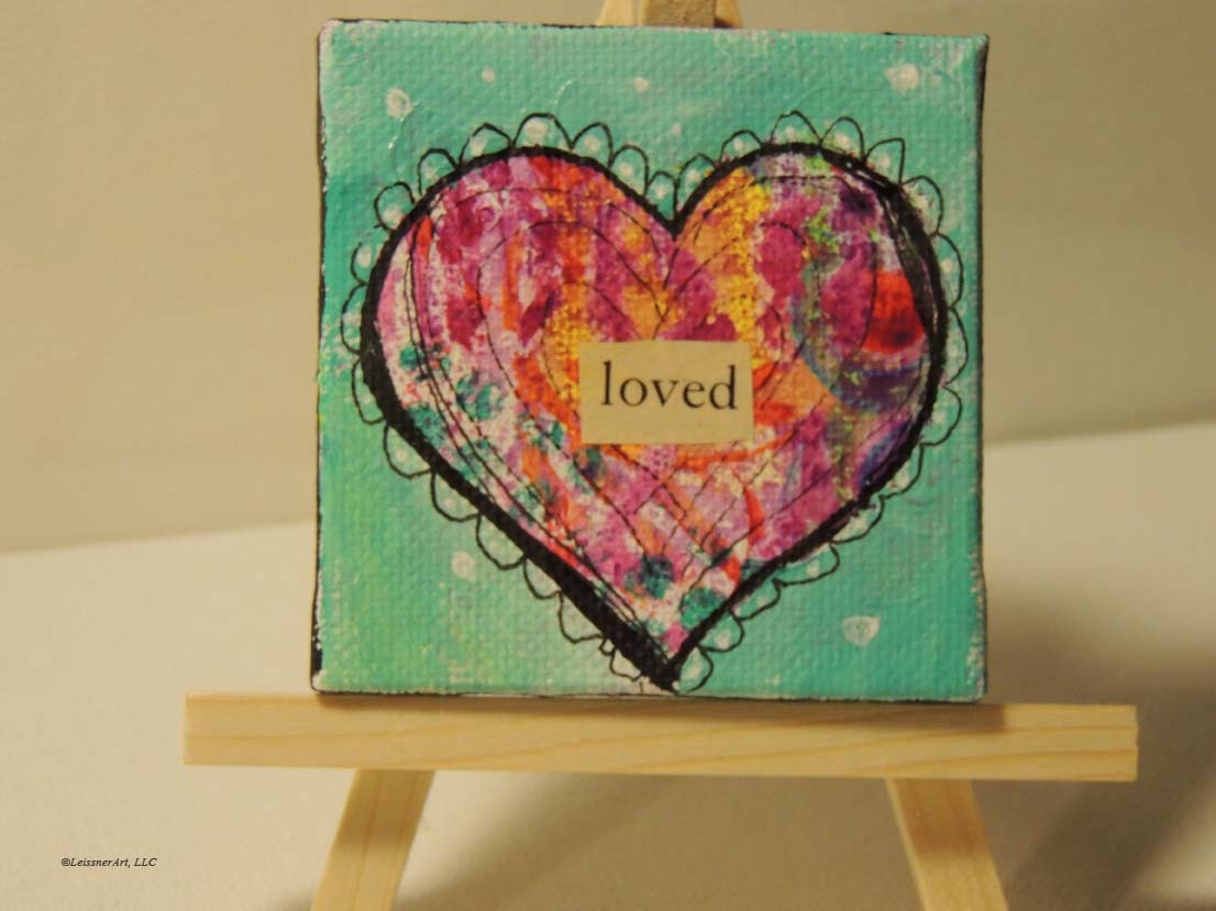 Original Mixed Media Bright Colorful  3 x 3 Mini Canvas Heart Love