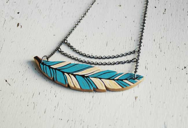 Wooden Feather Pendant Necklace Hand Painted Feather Necklace 2 in 1