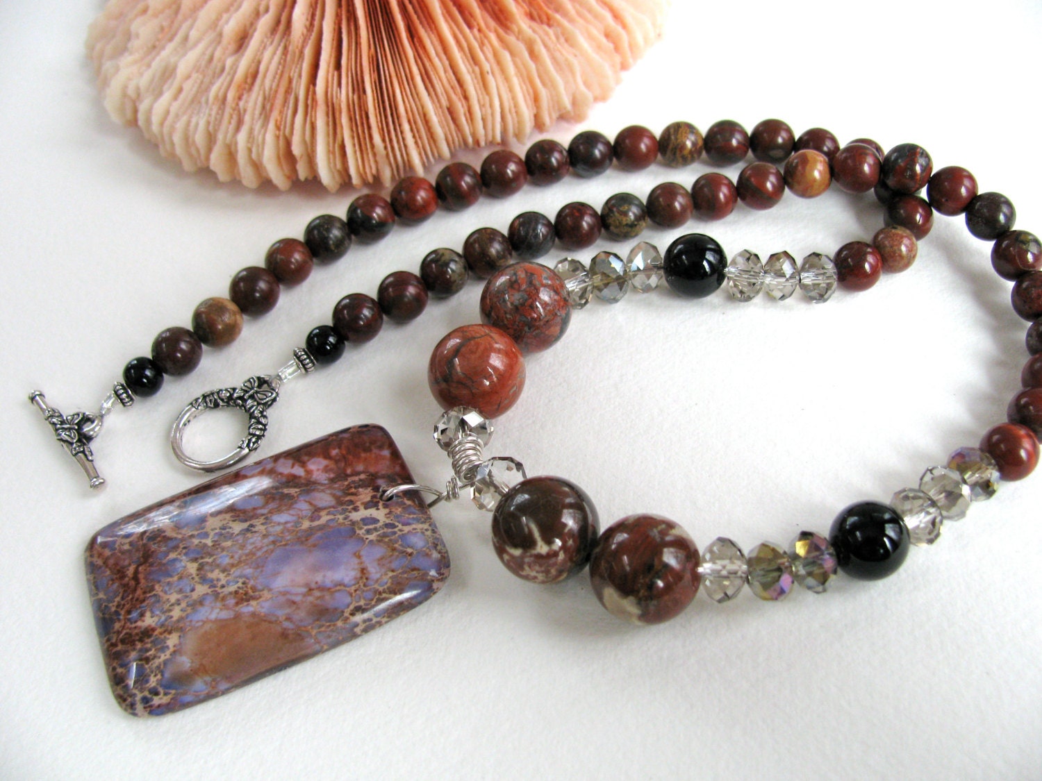 Sea Sediment Jasper pendant, Red Poppy Jasper, beaded necklace, Rainbow Jasper, Onyx, gemstones, crystal 179
